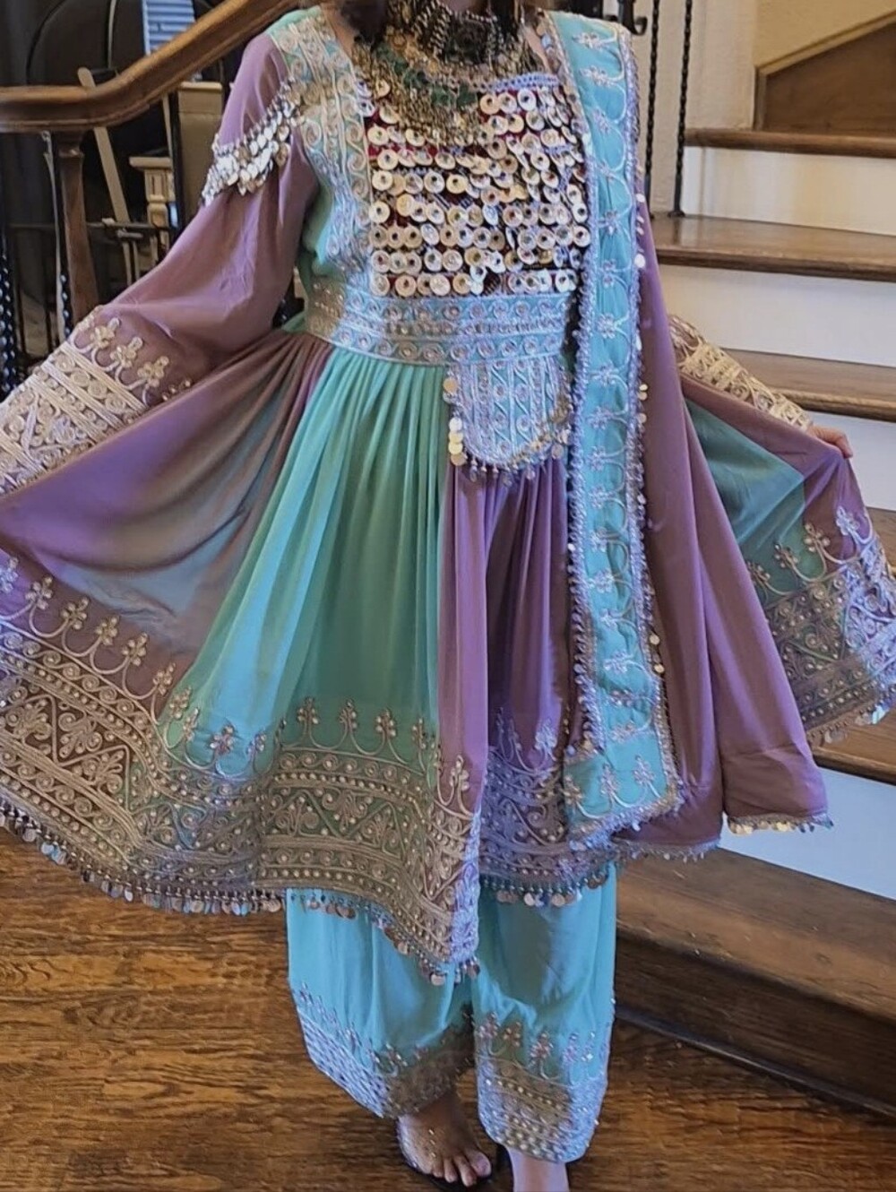 LatestEmbroidered Lavender/Aqua Afghan Dress